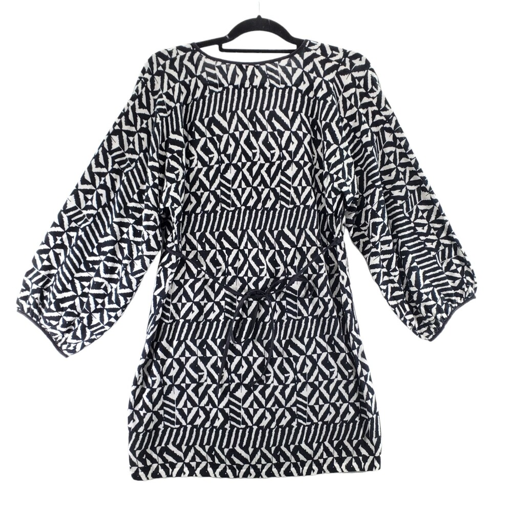 NWT Magaschoni L Knit Tunic Blouse Beaded Black White Tie Waist Stretch Shirt - Picture 2 of 10